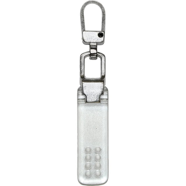 Costumakers zipper pull in clear finish with a rectangular shape and metal swivel hook, designed for easy attachment to standard zipper sliders, ideal as a sewing notion and fastener accessory, measuring approximately 3.8 by 1.3 by 0.5 cm.