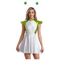 thumbnail image 1 of LiiYii Ensemble de Costume d'Alien de l'Espace pour Femmes, Robe Mini Évasée Trapèze à Manches Cap, avec Cheveux, Vert, P, 1 of 8