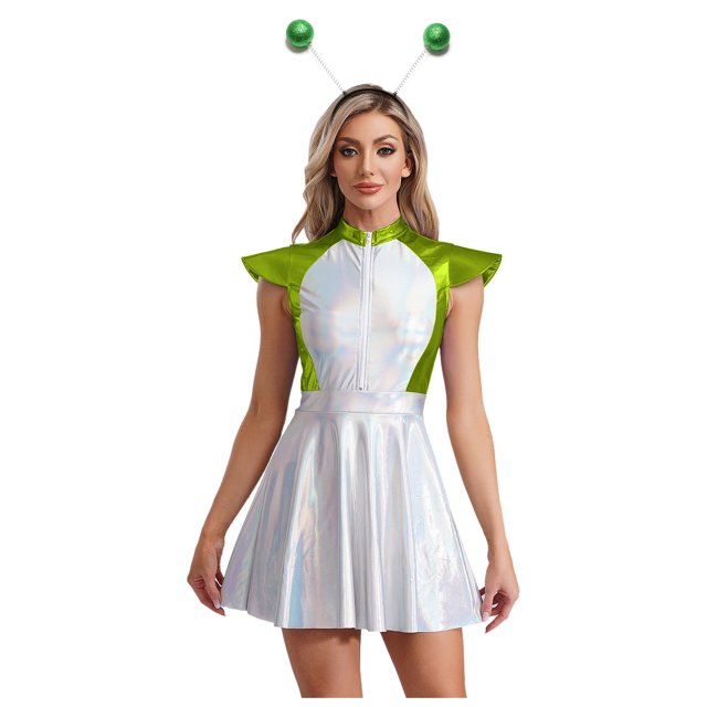 LiiYii Ensemble de Costume d'Alien de l'Espace pour Femmes, Robe Mini Évasée Trapèze à Manches Cap, avec Cheveux, Vert, P