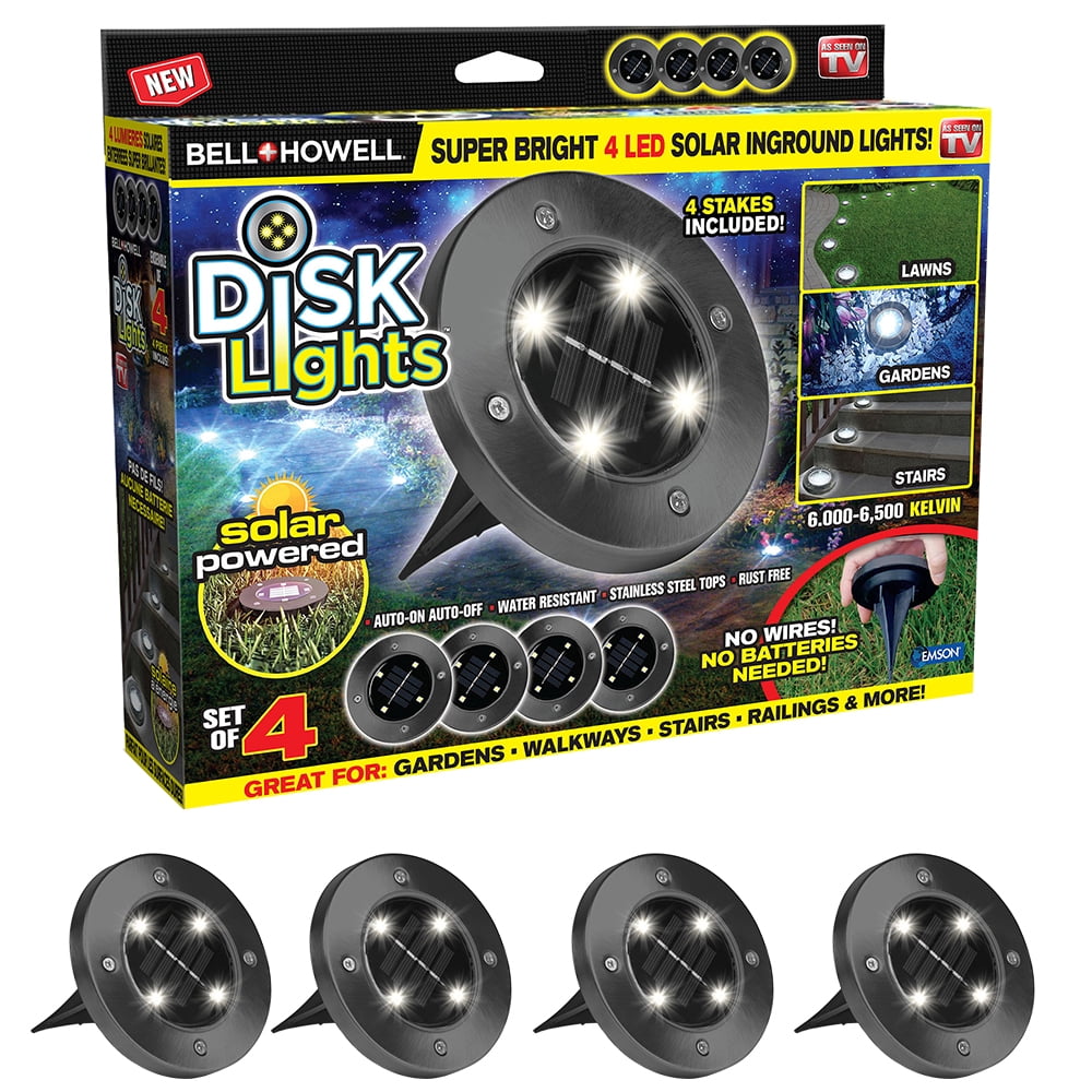 Bell+Howell Disk Lights Gunmetal Heavy Duty Outdoor Solar Pathway Lights 4 LED, 4 Pack