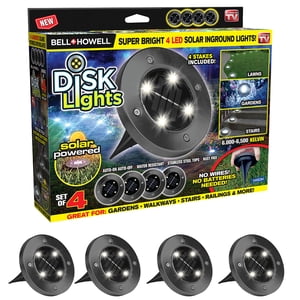 Bell+Howell lumières de disque Gunmetal lourd service extérieur lumières du sentier solaire 4 LED, paquet de 4