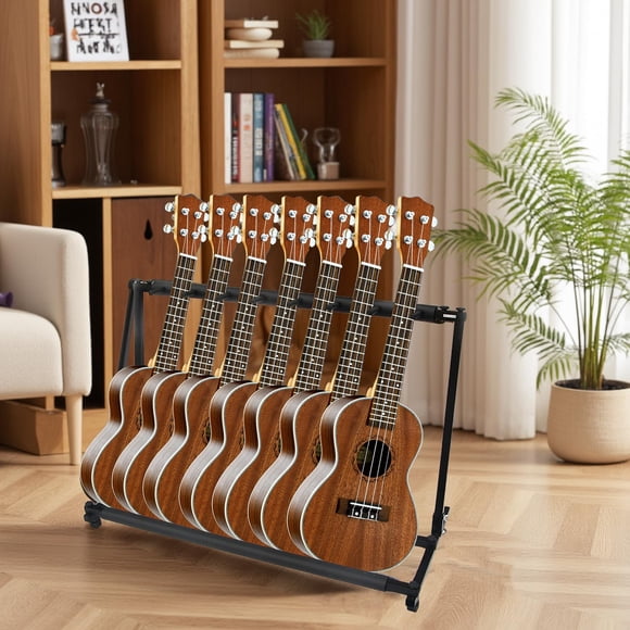 Support de Guitare – Métallique Pliable à 7 Fentes – Convient à l'Acoustique, à l'Électrique, aux Basses, au Ukulélé et au Violon – Robuste, Base en Caoutchouc – Présentoir Portatif sur Pied – Maison, Studio et Scène – Noir
