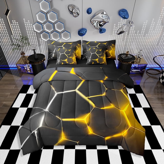 Erosebridal Abstract Ombre Bedding Sets Queen Size, Futuristic Striped Comforter Sets with Sheets, Geometry Honeycomb Decor, Reversible