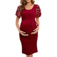 thumbnail image 1 of xiaxaixu Robe pour Femme Enceinte Fleur en Maille Transparente à Manches Courtes Col Ras du Cou Robe Midi Ajustée Robe d'Été Décontractée de Maternité, 1 of 7