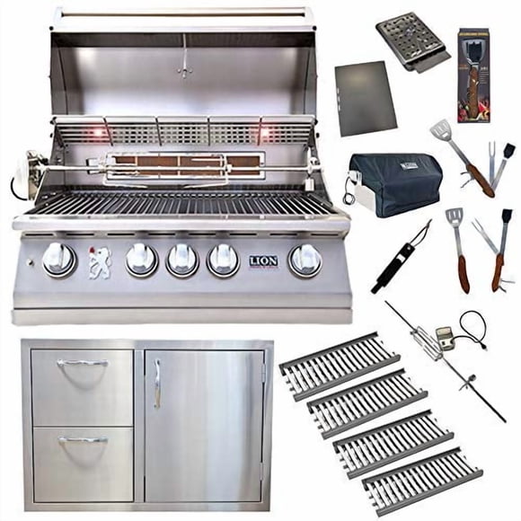 Lion Premium Grills Gril au Propane de 32 Pouces L75000 avec 4 Tubes en Céramique avec Plateau à Flamme et Fabriqué aux É.-U. Unité Como Porte/tiroir et Ensemble d'Outils BBQ 5 en 1 Forfait Gourmet « Best of Backyard »