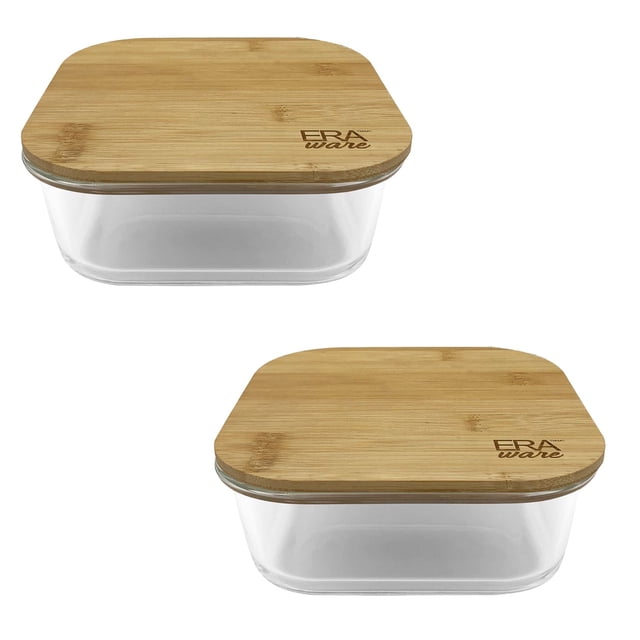 EraWare - Ensemble de 2 Contenants de Conservation des Aliments en Verre Borosilicaté avec Couvercles en Bambou, Chacun d'Une Capacité de 1200 ml. les Contenants Allant au Four jusqu'à 842 °F (450 °C), Allant au Micro-Ondes et au Congélateur, et Sans BPA. les Couvercles en Bambou Font Aussi Office de Planches à Découper, Ajoutant Fonctionnalité et Élégance. Va au Lave-Vaisselle pour un Nettoyage Facile.