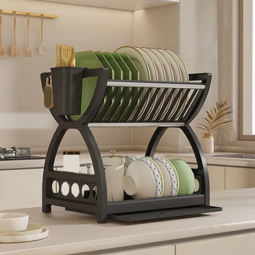 Aodebiao Dish Drying Rack, 2 Tier Large Dish Drying Rack for Kitchen Counter with Drainboard Stainless Steel Dish Drainer for Dish/Knifes/Cup/Cutting Board