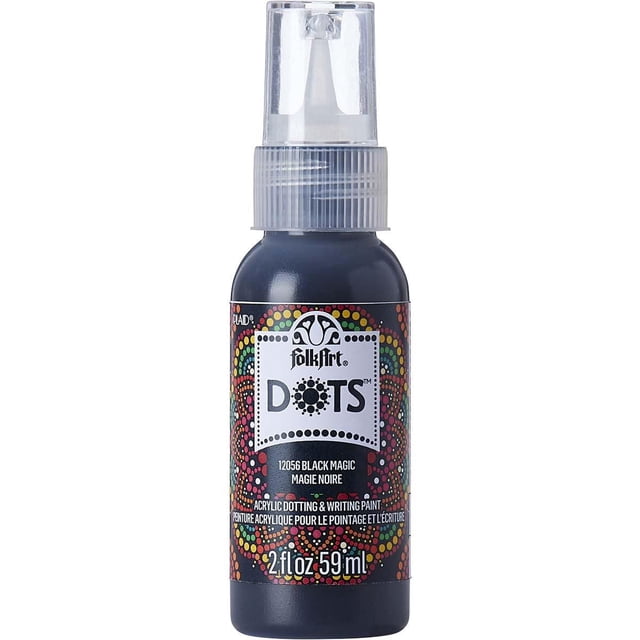 FolkArt Dots 2 fl oz acrylic paint in Black Magic, a black bottle with a fine writer tip for precise dotting and writing, featuring a colorful mandala dot design on the label, suitable for multi-surface use on glass, wood, ceramics, and metal.