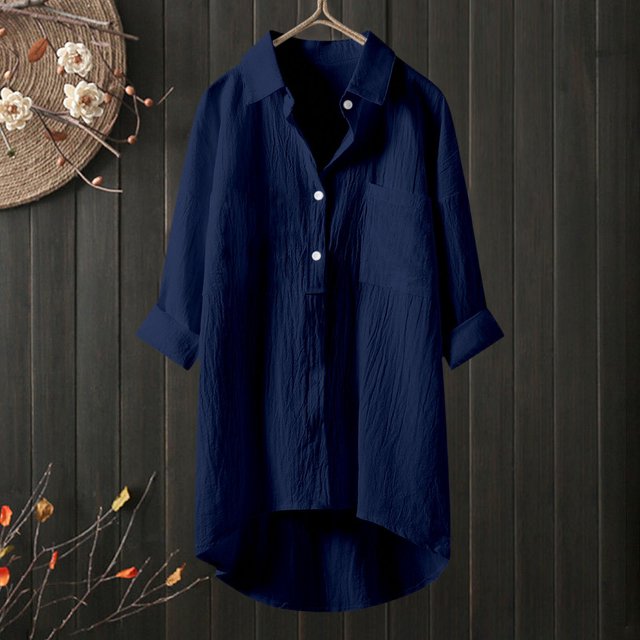 Weiqiqre Womens Spring Tops Oversized Linen Shirts Blouses Tops Long Sleeve High Low Button Up Shirts