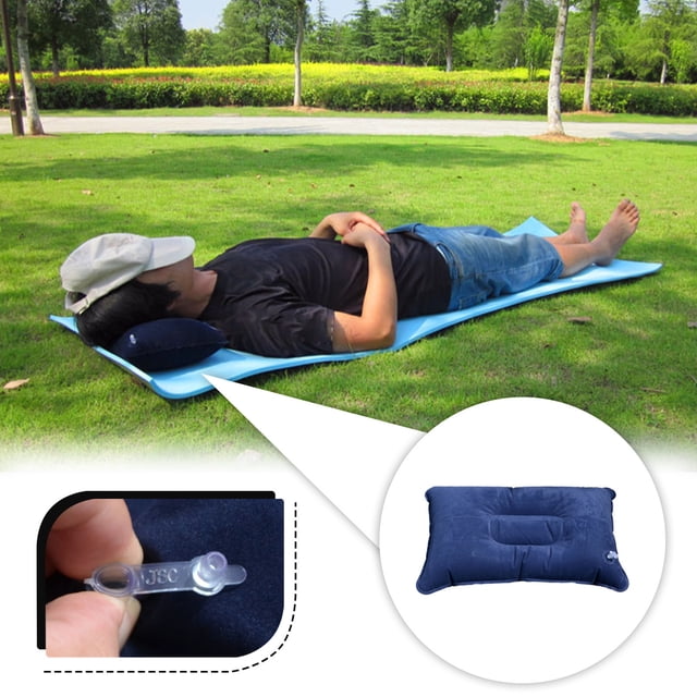 Inflatable Travel Bolster Pillow | Thick Flocked PVC Portable Neck & Lumbar Support | Lightweight Compact Design for Camping Backpacking Office Home | Blue | 13.78x8.27 in