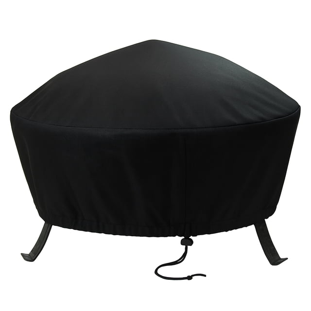 Sunnydaze Outdoor Heavy-Duty Weather-Resistant Vinyl PVC Round Fire Pit Cover with Drawstring Closure in black, measuring 48 inches in diameter and 18 inches in height. Designed for propane and wood-burning fire pits, this cover features reinforced vinyl for water and weather resistance. The adjustable drawstring and toggle system ensure a secure fit, even in windy conditions. Suitable for use on patios, decks, backyards, or porches, it protects fire pits from rain, snow, sun, and debris.
