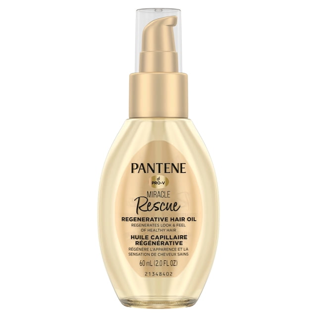 PANTENE MIRACLE RESCUE REGENERATIVE HAIR OIL 60 mL bottle with gold-tone pump and clear cap, formulated with pro-vitamin B5 and antioxidant oils for deep hair repair, frizz control, and shine, suitable for use on wet or dry hair.