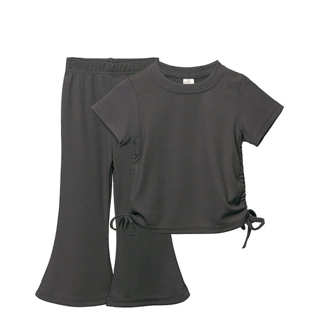 Chemises pour Filles Unies à Manches Courtes Col Rond Haut Pantalon Évasé Ensemble Deux Pièces