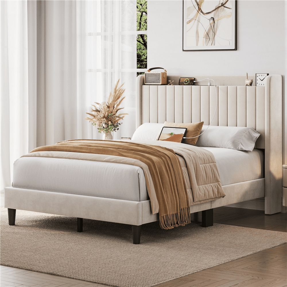 FullFurnique Cadre de Lit Capitonné en Velours avec Prises de Courant et Ports USB, Double, Beige