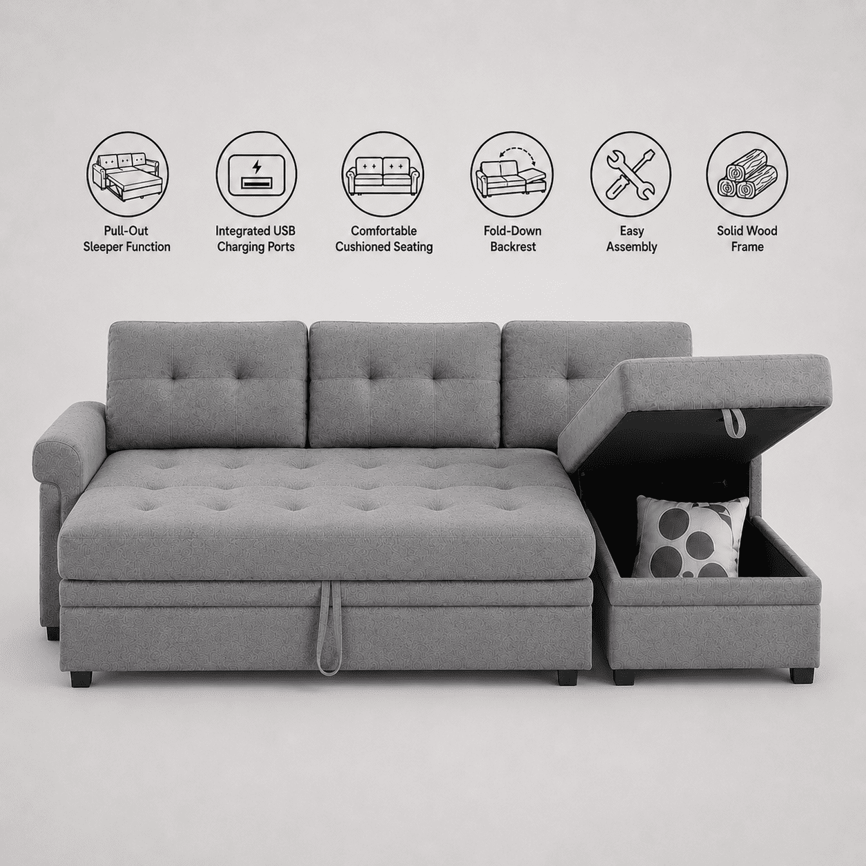 Cosmic Homes Trenton Sectional Sofa Bed with Storage Chaise & USB Ports Grey, Pull-Out Couch for Living Room