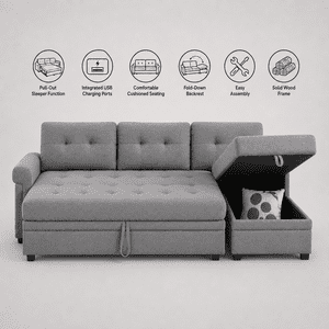 Cosmic Homes Trenton Canapé-lit sectionnel avec une chaise de rangement & USB Ports Grey, Pull-Out Couch pour le salon