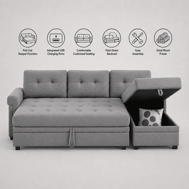 Cosmic Homes Trenton Sectional Sofa Bed with Storage Chaise & USB Ports Grey, Pull-Out Couch for Living Room