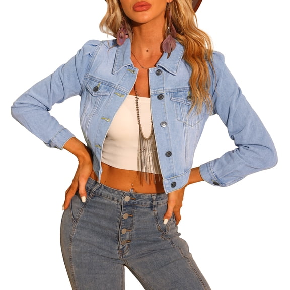 INSPIRE CHIC Women's Classic Casual Puff Sleeve Button Down Cropp Denim Jacket