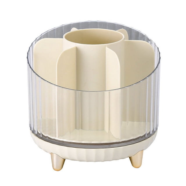 Bwiyojiz Tube de Rangement pour Pinceaux de Maquillage Rotatif de Bureau 5.51"L X 5.11"H, Étagère Cosmétique de Table, Boîte pour Maquillage Fard à Paupières Rouge à Lèvres Stylo, Organisation de la Maison, Plastique, Beige, Cadeaux pour Vous-Même