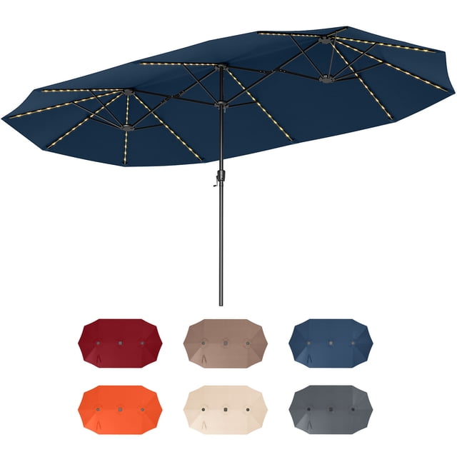 Costway 15.5 FT Extra-Large Patio Umbrella with LED Solar Lights & 12 Heavy-Duty Ribs Navy