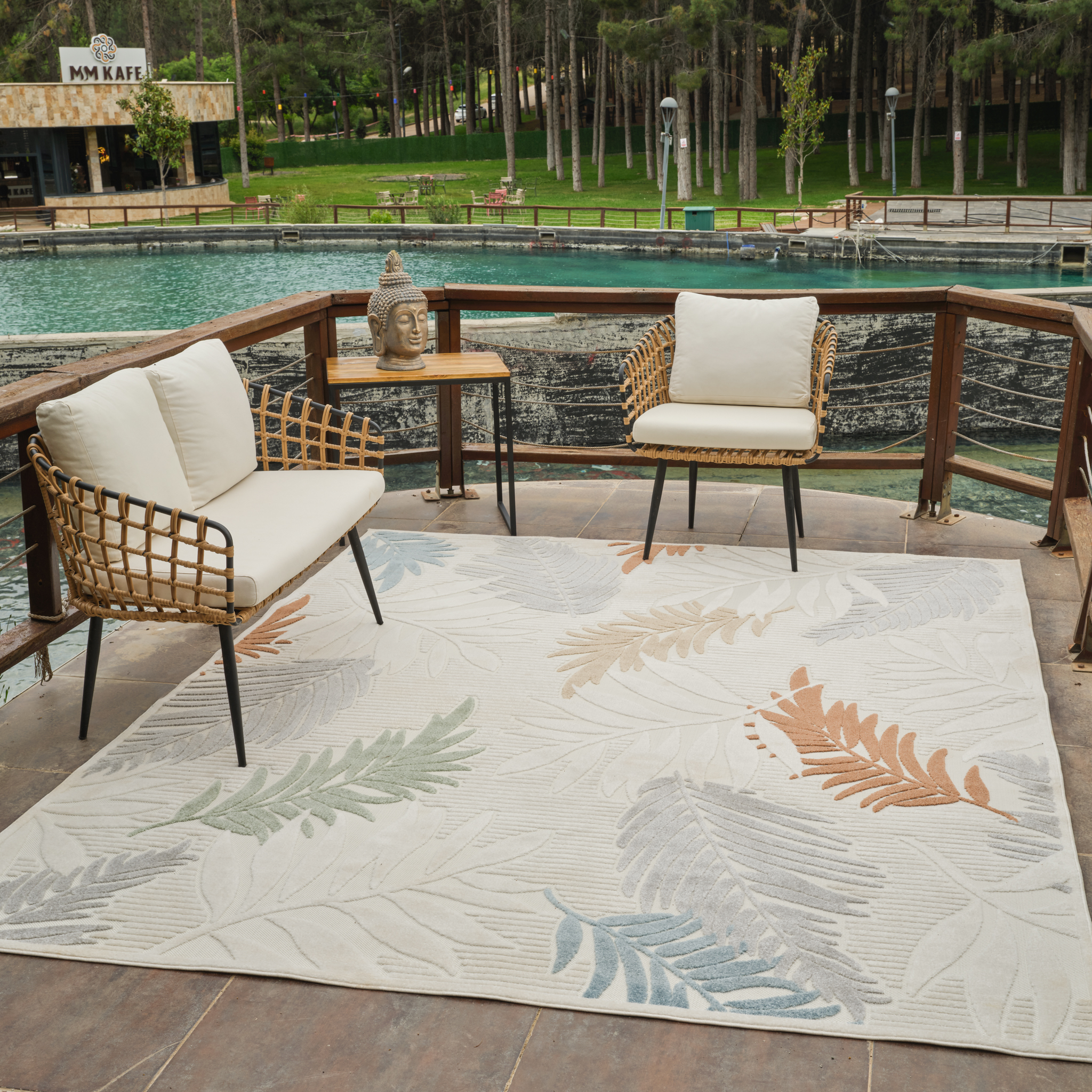 Tapis d'interieur/exterieur abstrait Rug Branch Alfombra, beige creme, motif floral - Salon, chambre, salle a manger et cuisine