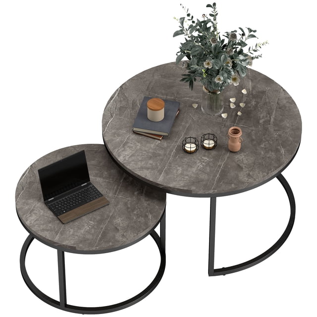 HOMCOM Nesting Tables, Coffee Tables Set of 2 with Faux Marbled Top