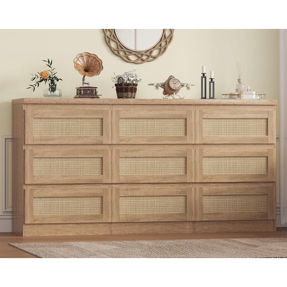 Commode Bohème de Style Ferme à 9 Tiroirs avec Organisateur de Rangement en Rotin pour Chambre et Salon, Naturel