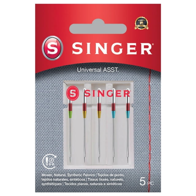 SINGER® Universel ASST, Lot de 5 Aiguilles pour machine à Coudre Comprenant Cinq Aiguilles Codées par Couleur de Tailles 70/10, 80/12 et 90/14 pour Tissus Tissés, Naturels et Synthétiques, Affichées sur un Fond en Tissu Tissé Gris avec Détail de Surpiqûres Rouges.