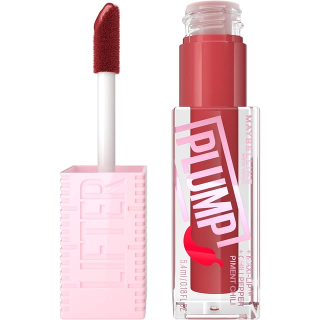 Maybelline New York Lifter Plump Lip Gloss, 5.4 ml, with XL wand applicator removed, showing clear rectangular tube filled with red heated lip plumper gloss infused with chili pepper, labeled 'PLUMP' and featuring a pink embossed cap.