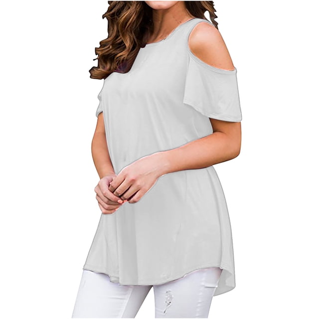 Off the Shoulder Shirts for Women Summer Short Sleeve Solid Color Tank Top Ladies Plus Size Beach Flowy Tees Blouse (Small, White)