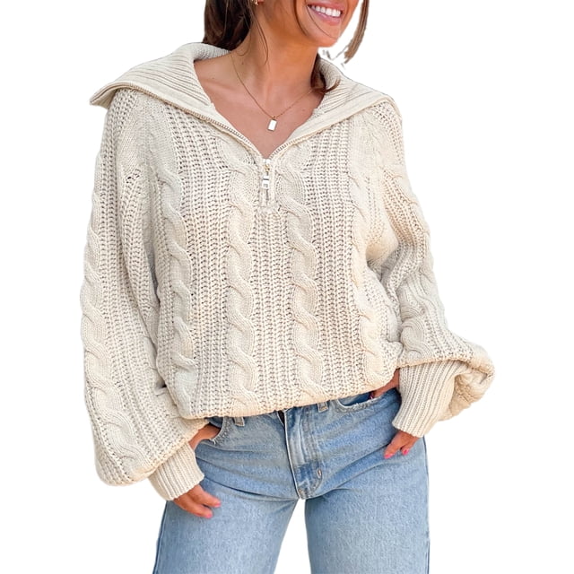 Gupgi Sweaters for Women Trendy Zip Up Long Sleeve Solid Color Sweater Tops Fall Lapel Cable Knit Pullover