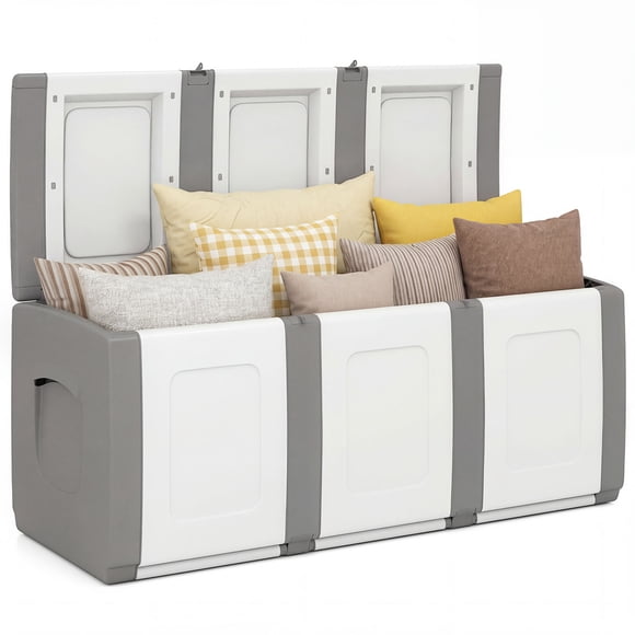 Gymax Deck Box Patio Container w/ Lockable Lid Weatherproof Plastic Storage Bin Gray & White