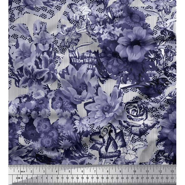 Soimoi Purple Poly Georgette Fabric Stripe & Floral Print Sewing Fabric BTY 42 Inch Wide