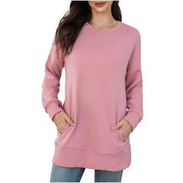 IROINID Deals Polyester Long Sleeve T Shirt for Women Comfy Autumn And Winter New Round Neck Pocket Sweater Tops,Pink