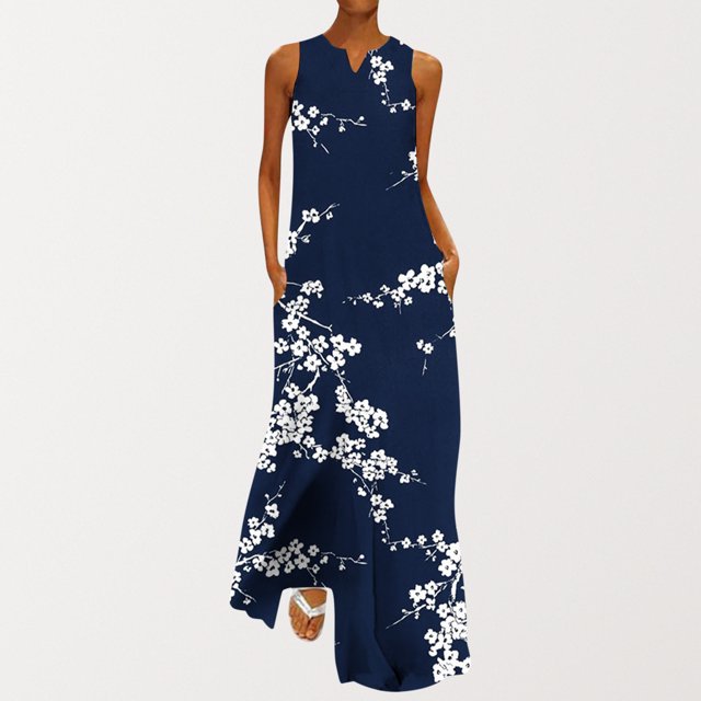 Robe Femme Mode Femme Col en V Sans Manches Été Soirée Fête Imprimée Dames Poche Gilet Longue Robe Aguichant Robe d'Été en Liquidation