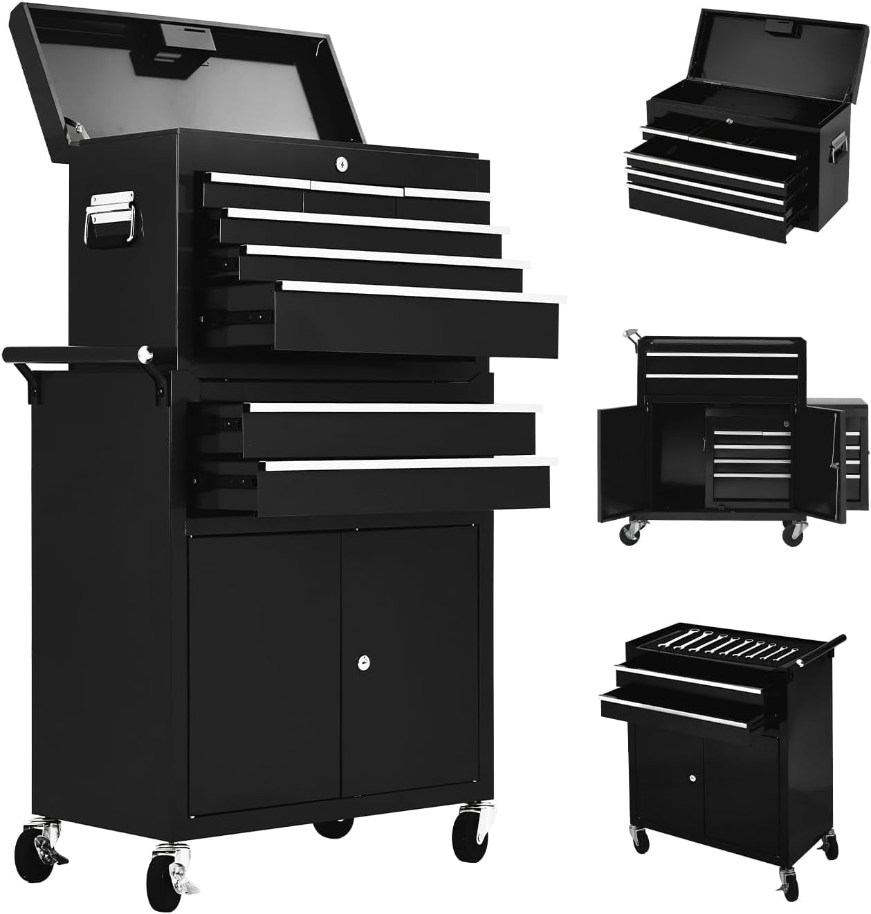 Ourlova 8-Drawer Rolling Tool Chest with Wheels, Lockable & Detachable Top Toolbox for Workshop/Garage