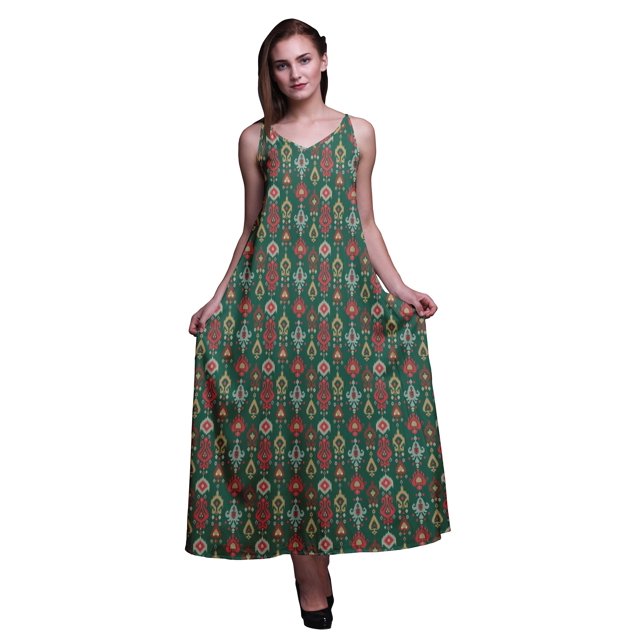 Bimba Robe Longue Maxi Imprimée à Bretelles Spaghetti Ajustables en Rayonne Ikat pour Femmes Boho-TG