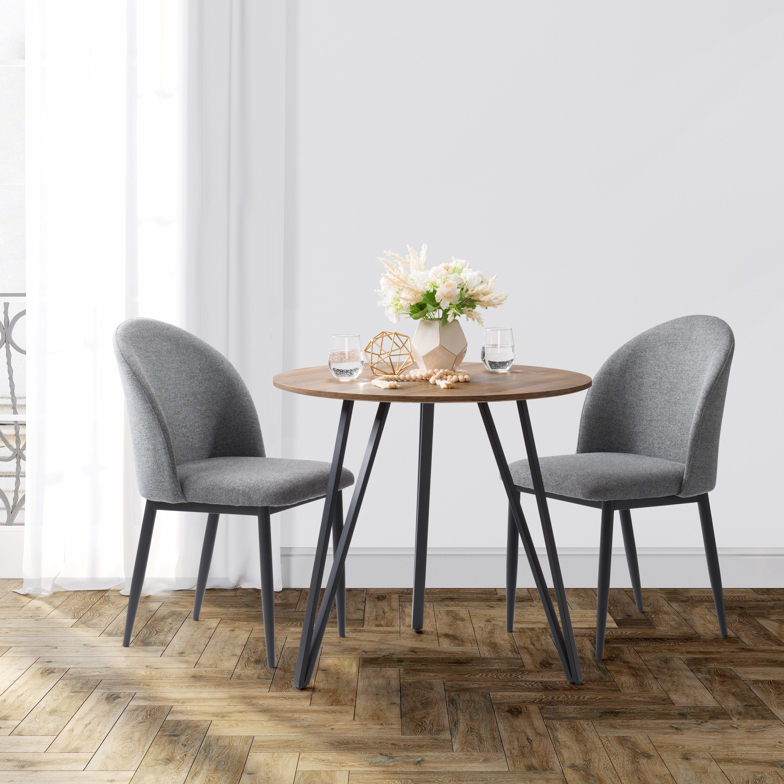CorLiving Ezra Round Engineered Wood Top Indoor Dining Table with Black Iron Hairpin Legs, Brown Woodgrain