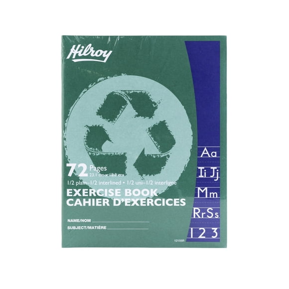 Hilroy Recycled Stitched Exercise Book, 1/2 plain, 1/2 interlined, 72 Pages/36 Sheets, 7-1/8” (180 cm) x 9-1/8â