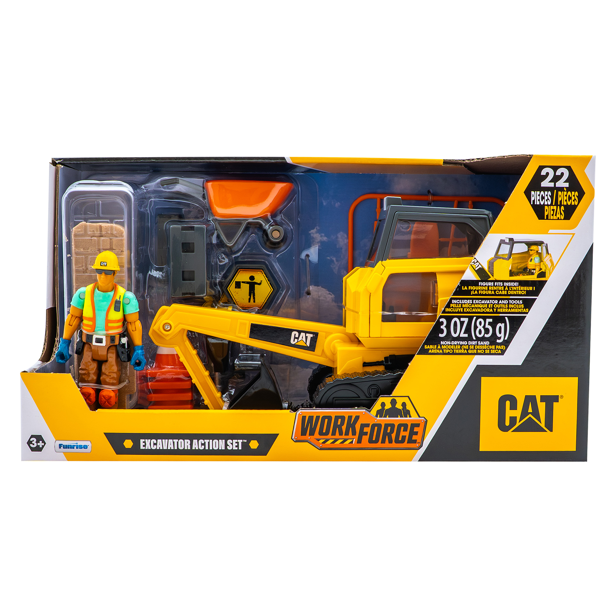 Cat Workforce Excavator Action Set, 23-Piece Kids Construction Toy Playset with 4-Inch Figure, Non-Drying Dirt Compound, Molds, Signs,