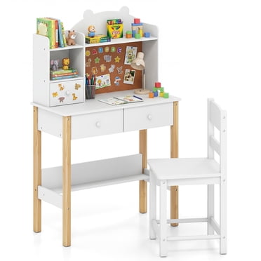 Gymax Kids Desk and Chair Set Study Table w/ Hutch Bulletin Board & Drawers White