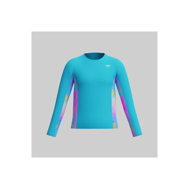 Speedo Girl's UV Protection Printed Splice UV Protection Swim Shirt Short Sleeve Rashguard - Scuba Blue, Size M