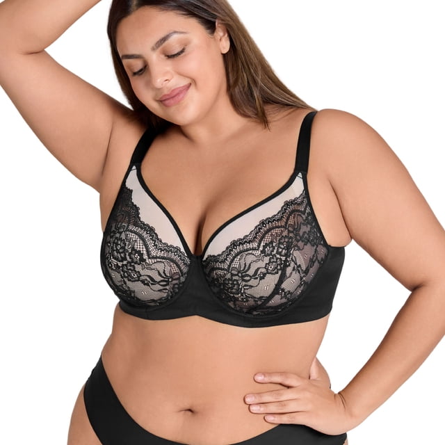 YANDW Lace Full Coverage Bra for Women Underwire Support Plus Sizes Bras with Padding Lift, Black 44DDD