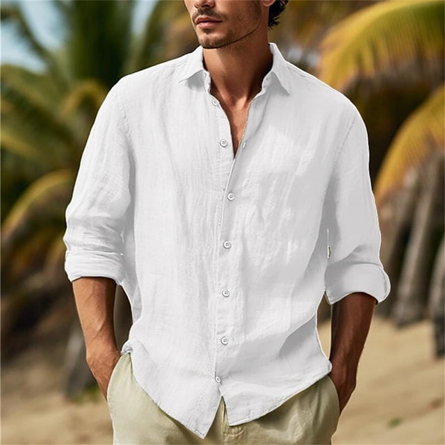 AherBiu Chemises en Lin pour Hommes à Manches Longues, Boutonnées, Col à Revers, Coupe Régulière, Chemise Ajustée, Chemises Décontractées d'Été pour la Plage
