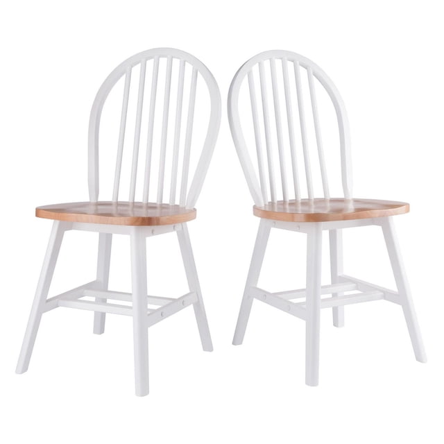 Windsor 2pc Chair Set, Natural and White, featuring two solid wood dining chairs with white 6-spindle arched backs and natural wide contoured seats, reinforced with double cross-bar leg supports for stability, suitable for kitchen and dining seating.
