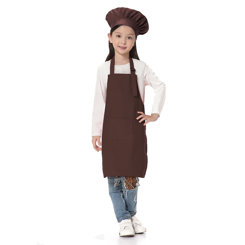 TOPTIE Kids Apron and Chef Hat Set, Adjustable Cotton Child Cooking Kitchen Apron, S-XXL-Coffee-S
