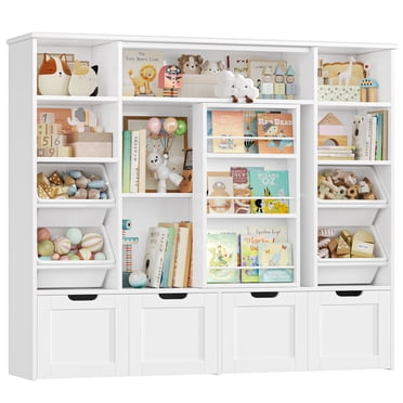 Hiphuta 55"W Kid Toy Storage Organize with Sliding Bookshelf, Kid Bookcase with 4 Removable Drawers, Toy Storage Toy Organize for Kid Bedroom Playroom, White