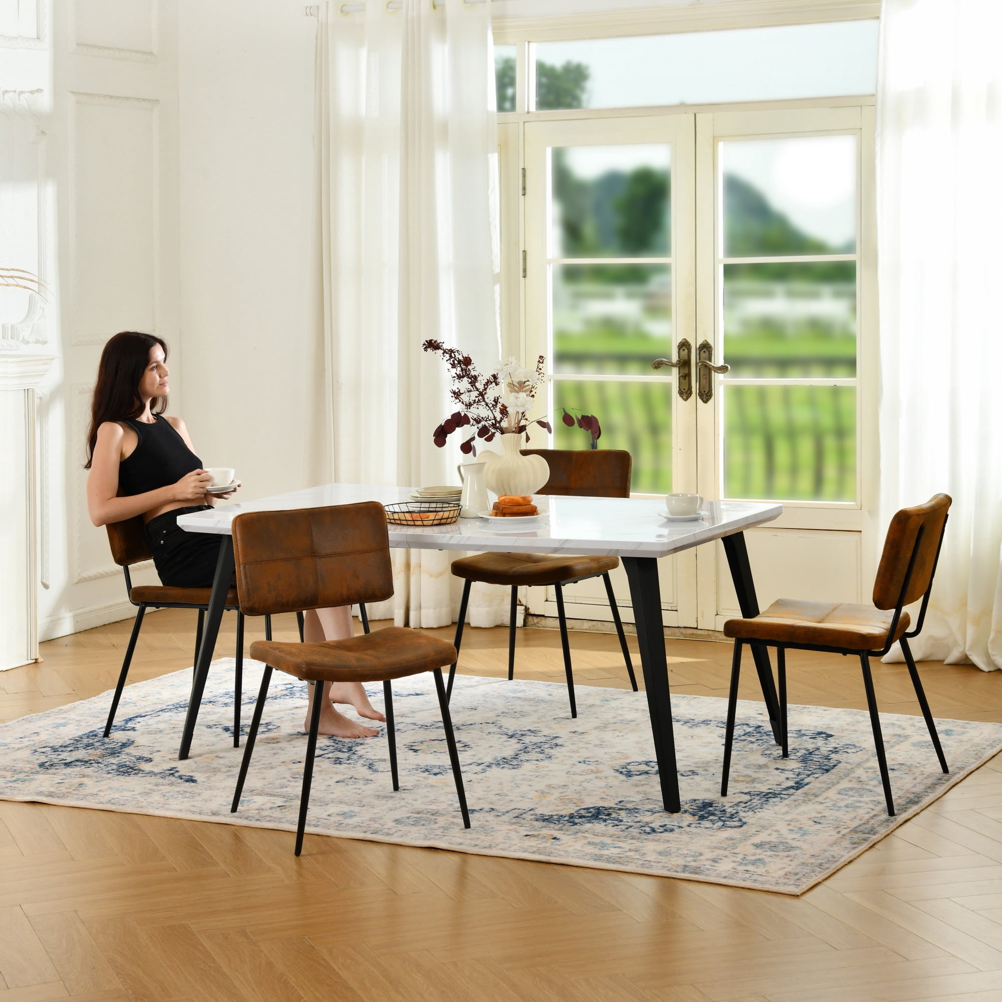 Ensemble de salle à manger élégant 5 pièces Homy Casa avec chaises en simili-suède et table en imitation noyer de 160 cm