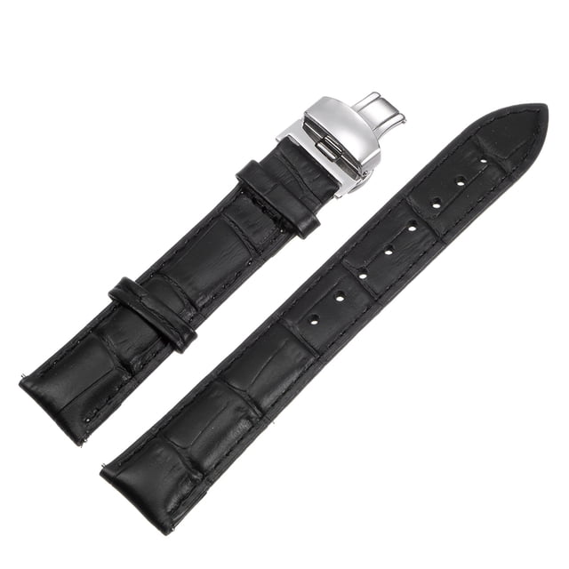 Uxcell Cowhide Leather Band Deployment Buckle Watch Strap 20mm Leather Strap, Black, Silver