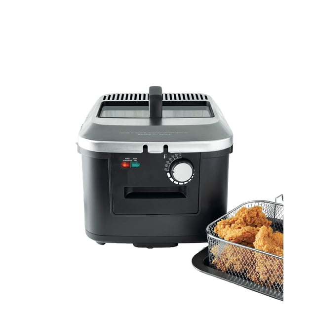 Mainstays 4L Deep Fryer with stainless steel lid and 1800 watts electric power, featuring black matte housing, adjustable temperature control knob, power and ready indicator lights, and a removable enamel-coated frying basket filled with fried chicken, shown front-facing on white background, ideal for cooking fries and onion rings.